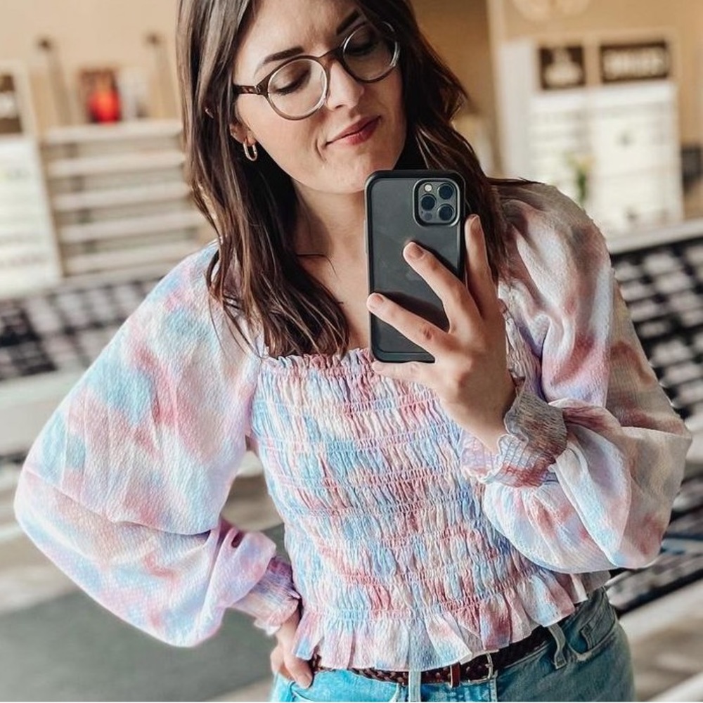NWT Future Collective Watercolor Long Sleeve Smocked Bodice Top - Picture 11 of 12